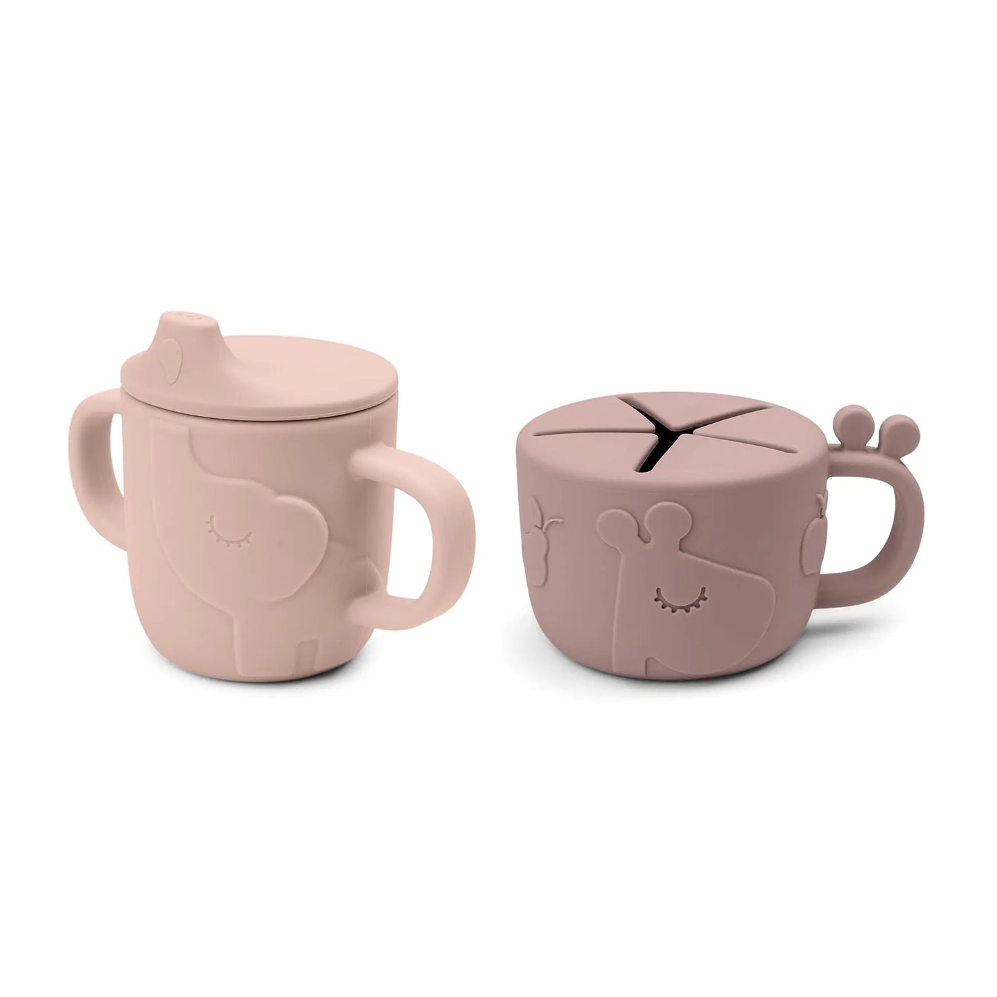 Done by Deer Peekaboo Spout/Snack Cup Set Powder - 100% Food Grade Silicone - Shatterproof - Dishwasher Oven Microwave & Freezer Safe - Giraffe and Elephant Design - Practical Lid - Two Handles