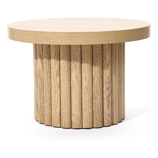 LuxenHome End Table 23.6" Wide Brown Wood Fluted Round Coffee Table Modern Side Table for Living Room Round Wood Accent Table Bedroom Small Table