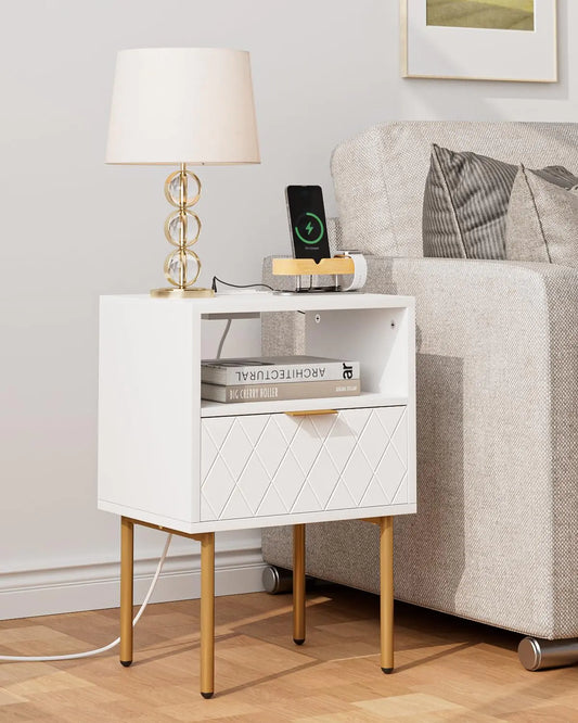 Masupu Nightstand with Charging StationMid-Century Modern Bedside Table with Storage Drawer and Open Wood ShelfSmall Gold Frame Side Table for BedroomLiving Room(White)