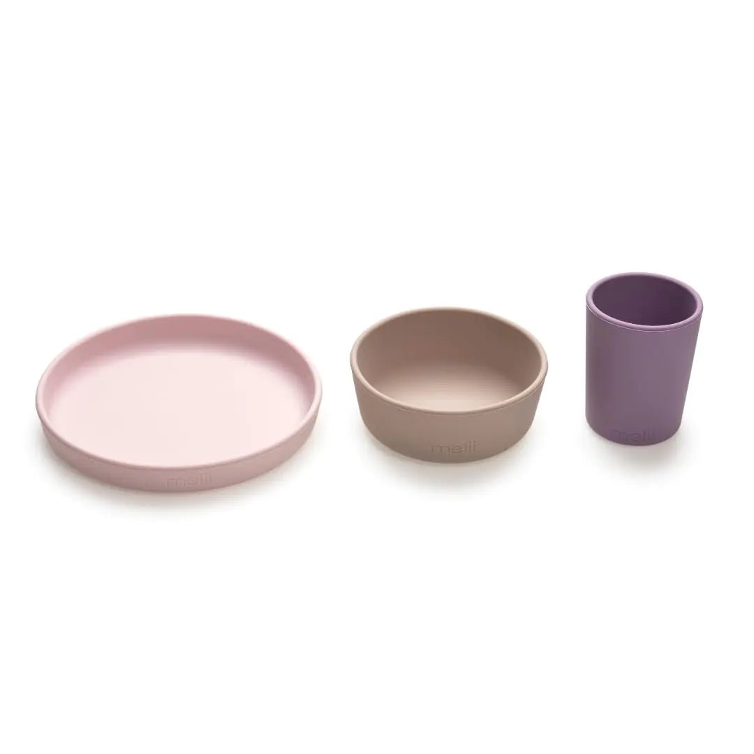 melii Non-Suction Silicone Plate Bowl and Cup Set for Toddlers Kids and Children (Purple Grey Pink)