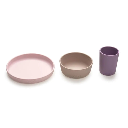 melii Non-Suction Silicone Plate Bowl and Cup Set for Toddlers Kids and Children (Purple Grey Pink)
