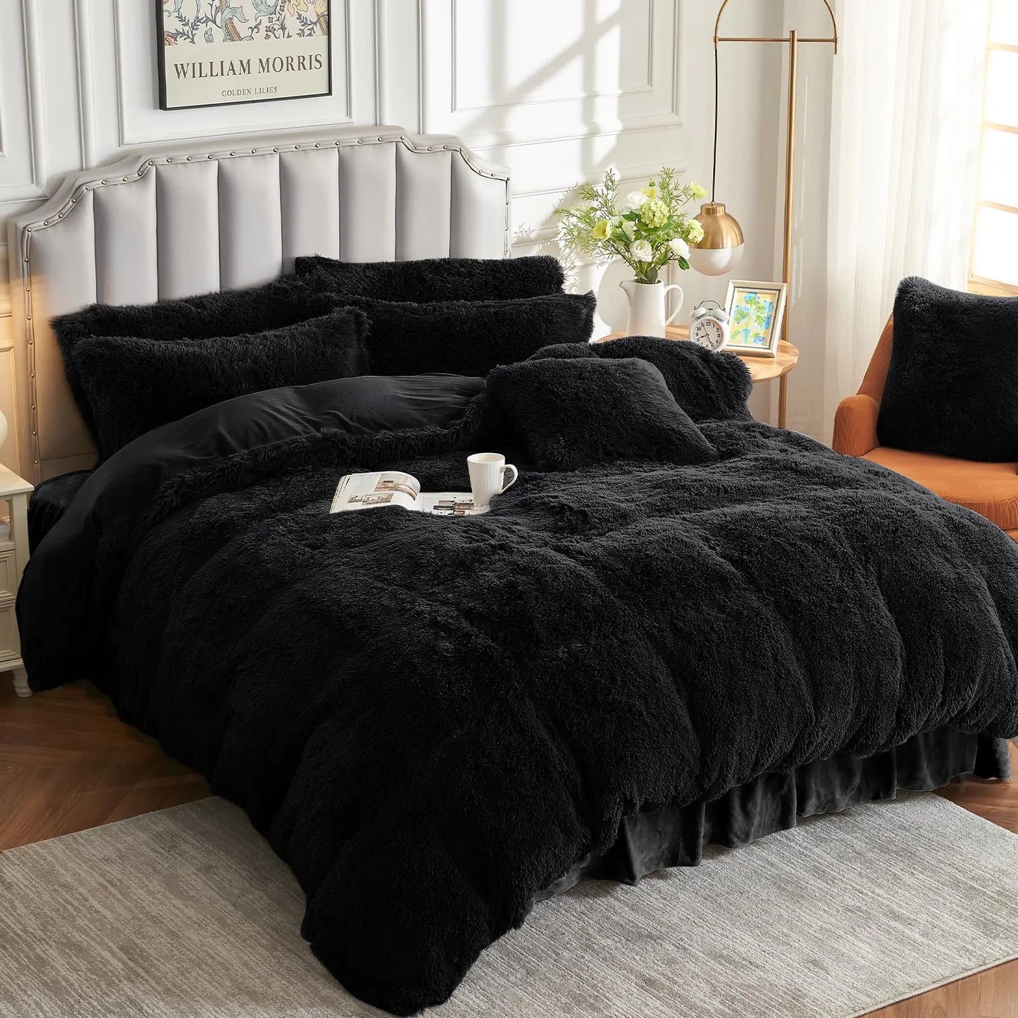 Sasttie Fluffy Duvet Cover King Shaggy King Duvet Cover Fuzzy Faux Fur and Velvet Duvet Cover Set with Zipper Closure and Corner Ties - 1 Duvet Cover and 2 Pillowcases Black
