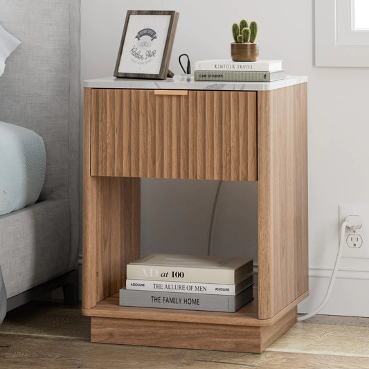 FavourLife Fluted Nightstand with Charging Station 18" Side Table with Faux Stone Color Top Mid Century Modern Night Stand Bedside Table with Drawer and Open Shelf for Bedroom Living Room Walnut