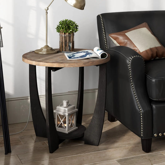 COZAYH Rustic Farmhouse End Table with Storage Shelf French Country Accent Side Table for Family Dinning or Living Room Small Spaces Modern Round