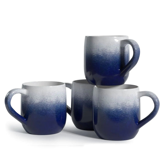 Modern Market Set of 4 Large 16oz Ceramic Coffee Mugs – Stoneware Coffee Mug Tea Cup Set 5.25” x 3.75” Blue/Ivory